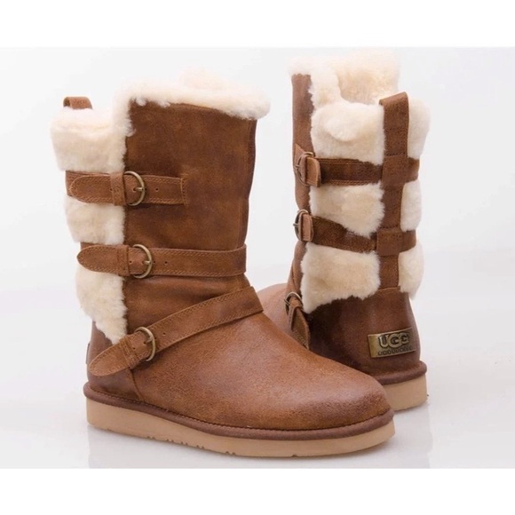 UGG | Becket Leather & Shearling Mid Calf Buckled Boots in Chestnut | Sz 9 - Picture 2 of 14